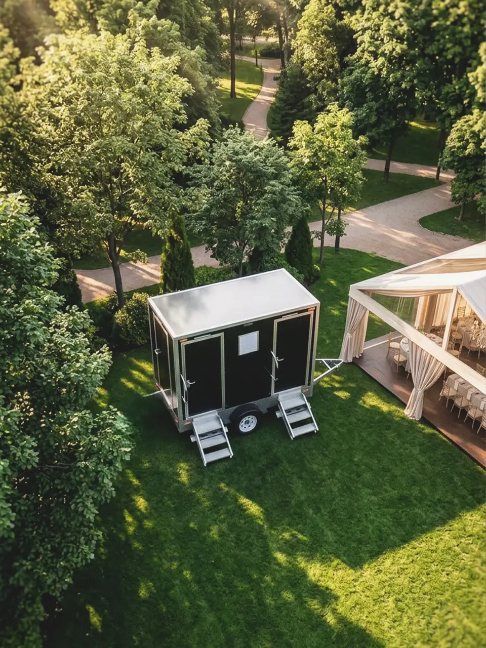 Restroom trailer set on a lawn beside a wedding tent
