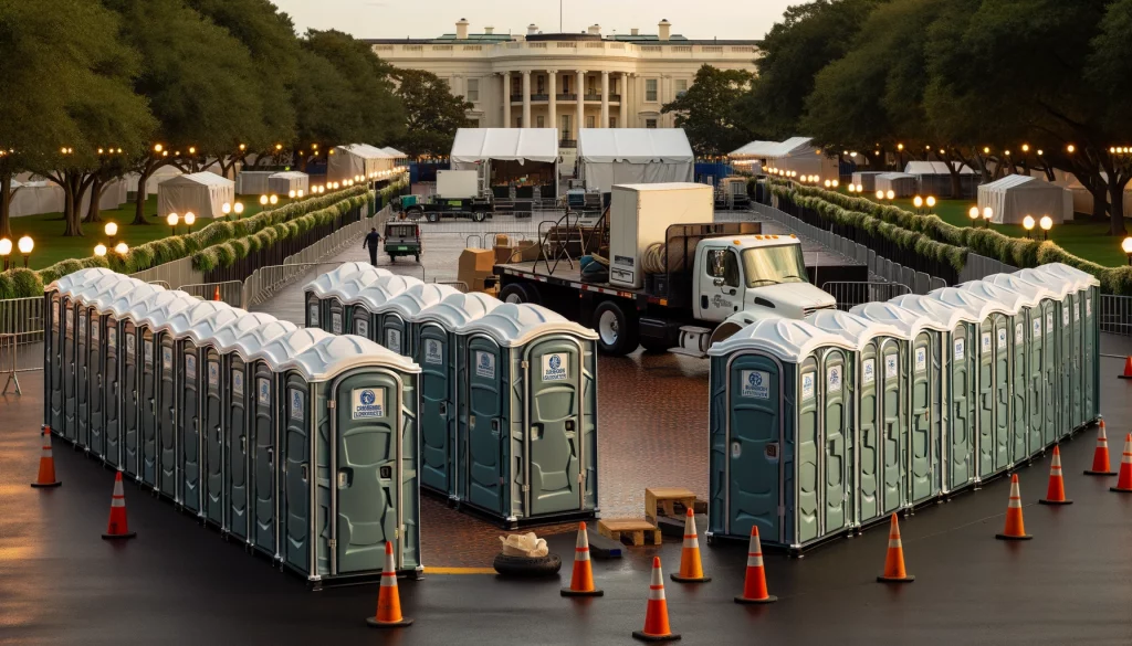 Festival porta potty bank with barricades in Columbus, Ohio